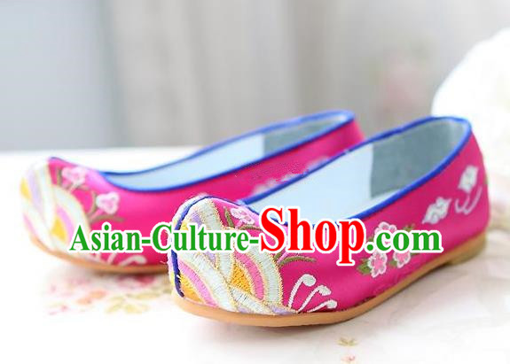 Traditional Korean National Embroidered Shoes, Asian Korean Hanbok Children Pink Bride Shoes for Girls