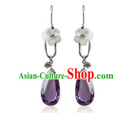 Traditional Korean Accessories Purple Crystal Earrings, Asian Korean Fashion Wedding Tassel Eardrop for Women