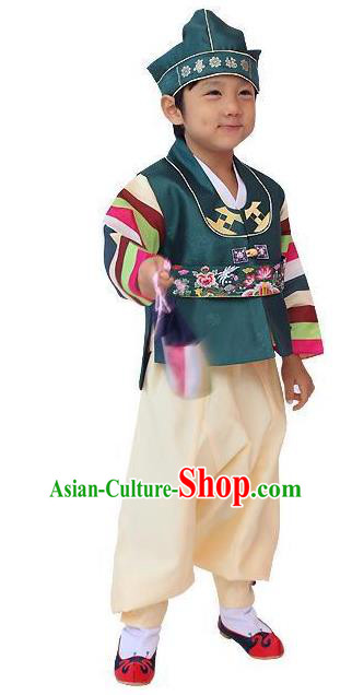 Traditional Korean Handmade Hanbok Embroidered Green Clothing, Asian Korean Apparel Hanbok Embroidery Bridegroom Costume for Kids