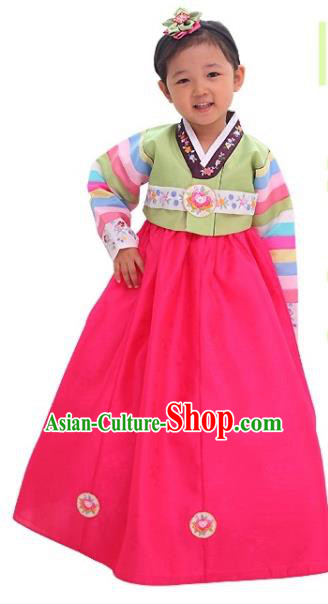Traditional Korean National Girls Handmade Court Embroidered Clothing, Asian Korean Apparel Hanbok Embroidery Green Blouse Costume for Kids