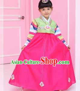 Traditional Korean National Girls Handmade Court Embroidered Clothing, Asian Korean Apparel Hanbok Embroidery Green Costume for Kids