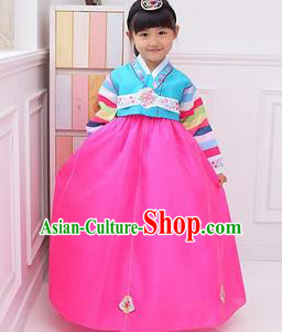 Traditional Korean National Girls Handmade Court Embroidered Clothing, Asian Korean Apparel Hanbok Embroidery Blue Costume for Kids