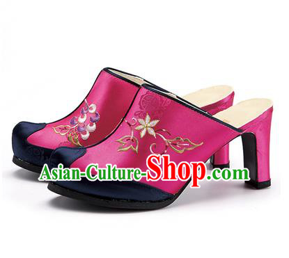 Traditional Korean National Wedding Rosy Embroidered Shoes, Asian Korean Hanbok Bride High-heeled Shoes for Women