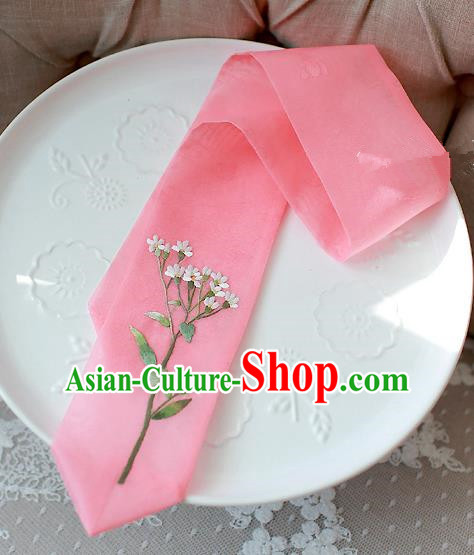 Traditional Korean Hair Accessories Embroidered Pink Hair Ribbon, Asian Korean Fashion Wedding Headband for Kids