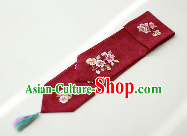 Traditional Korean Hair Accessories Embroidered Dark Red Hair Ribbon, Asian Korean Fashion Wedding Headband for Kids