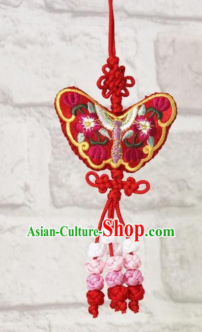 Traditional Korean Accessories Embroidered Butterfly Red Waist Pendant, Asian Korean Fashion Wedding Tassel Waist Decorations for Kids