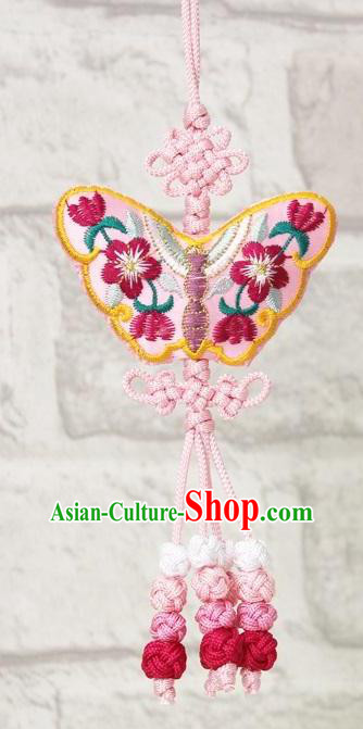Traditional Korean Accessories Embroidered Butterfly Pink Waist Pendant, Asian Korean Fashion Wedding Tassel Waist Decorations for Kids