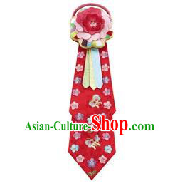 Traditional Korean Hair Accessories Bride Red Embroidered Hair Ribbons, Asian Korean Fashion Wedding Headband Headwear for Kids