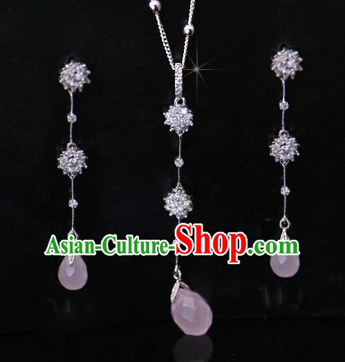 Traditional Korean Accessories Pink Crystal Necklace and Earrings, Asian Korean Fashion Wedding Jewelry for Women