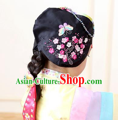 Traditional Korean Hair Accessories Embroidered Butterfly Hat, Asian Korean Fashion Baby Princess Black Hats for Kids