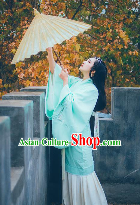 Asian China Han Dynasty Palace Lady Costume Blue Curve Bottom, Traditional Ancient Chinese Imperial Princess Hanfu Embroidered Clothing for Women
