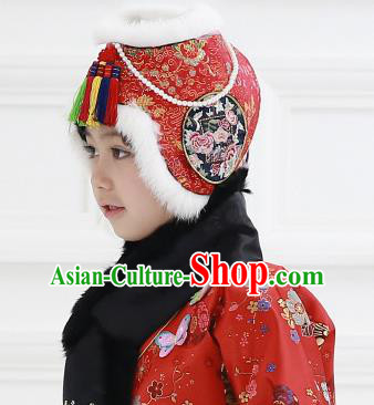 Traditional Korean Hair Accessories Bride Red Embroidered Hats, Asian Korean Fashion Wedding Headwear for Kids
