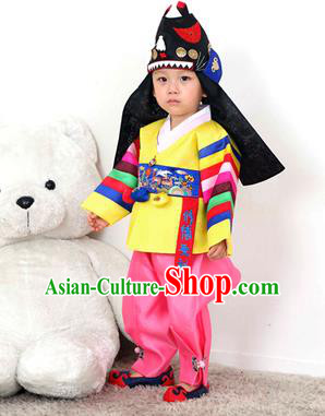 Traditional Korean Handmade Hanbok Embroidered Yellow Costume, Asian Korean Apparel Hanbok Embroidery Clothing for Boys