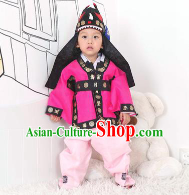 Traditional Korean Handmade Hanbok Embroidered Rosy Costume and Hats, Asian Korean Apparel Hanbok Embroidery Clothing for Boys