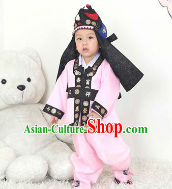 Traditional Korean Handmade Hanbok Embroidered Pink Costume and Hats, Asian Korean Apparel Hanbok Embroidery Clothing for Boys