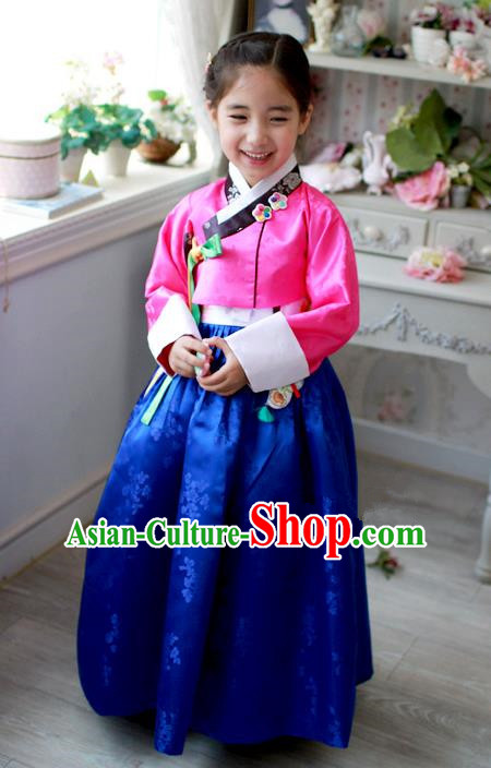Traditional Korean Handmade Hanbok Embroidered Costume Pink Blouse and Blue Dress, Asian Korean Apparel Hanbok Clothing for Girls