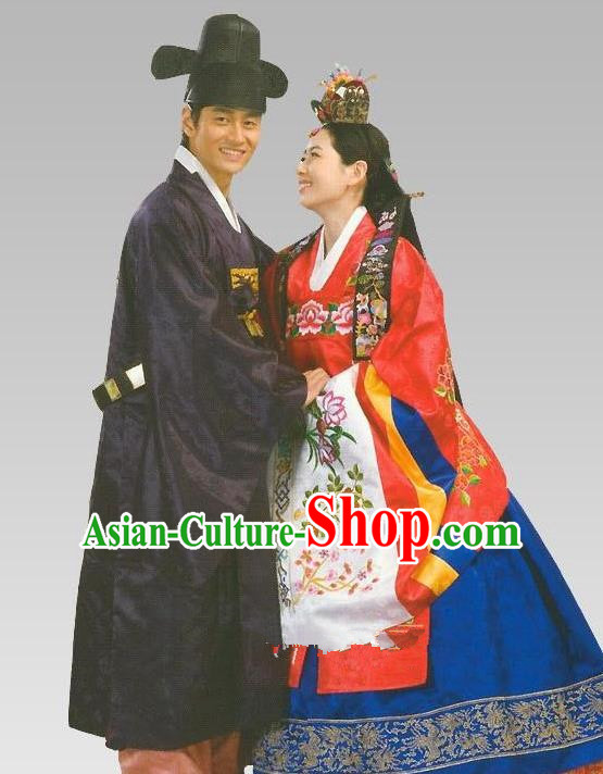 Traditional Korean Handmade Formal Occasions Wedding Costume Complete Set, Asian Korean Apparel Bride and Bridegroom Hanbok Clothing
