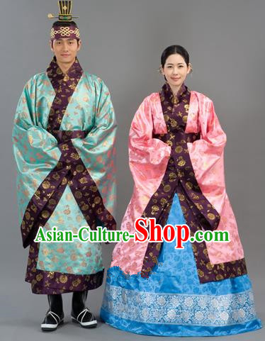 Traditional Korean Handmade Formal Occasions Embroidered Wedding Costume, Asian Korean Apparel Bride and Bridegroom Hanbok Clothing Complete Set