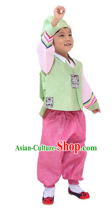 Traditional Korean Handmade Hanbok Embroidered Green Formal Occasions Costume, Asian Korean Apparel Hanbok Clothing for Boys