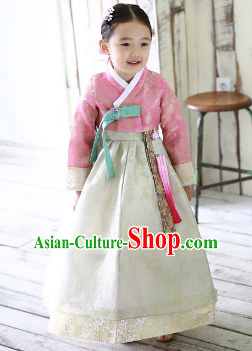 Traditional Korean Handmade Formal Occasions Embroidered Girls Wedding Costume Pink Blouse and White Dress Hanbok Clothing for Kids