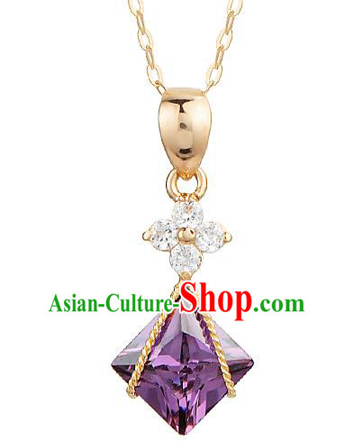 Traditional Korean Accessories Purple Crystal Necklace, Asian Korean Fashion Wedding Tassel 14K Gold Necklet Decorations for Women