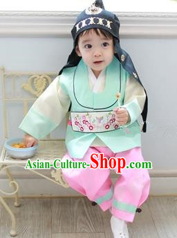 Traditional Korean Handmade Formal Occasions Embroidered Baby Prince Green Hanbok Clothing