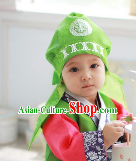 Traditional Korean Hair Accessories Palace Prince Green Hats, Asian Korean National Fashion Children Headwear for Boys