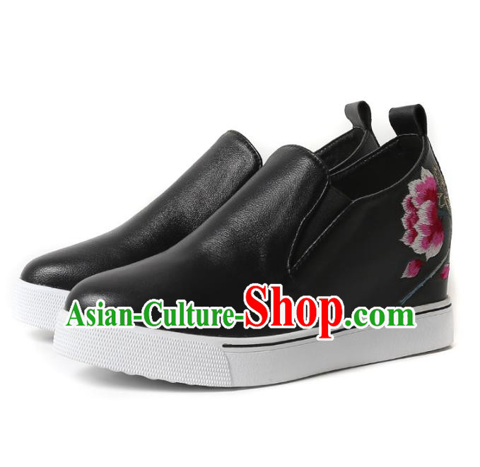 Asian Chinese Traditional Shoes Black Embroidered Boots, China Handmade Embroidery Peony Shoes for Women