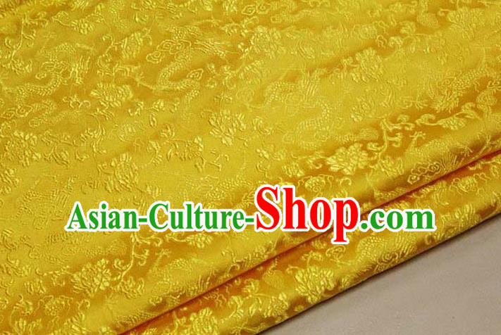 Chinese Traditional Royal Palace Dragons Pattern Tang Suit Yellow Brocade Fabric, Chinese Ancient Costume Satin Hanfu Mongolian Robe Material