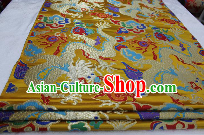 Chinese Traditional Ancient Costume Palace Dragons Pattern Cheongsam Tibetan Robe Yellow Brocade Tang Suit Satin Fabric Hanfu Material