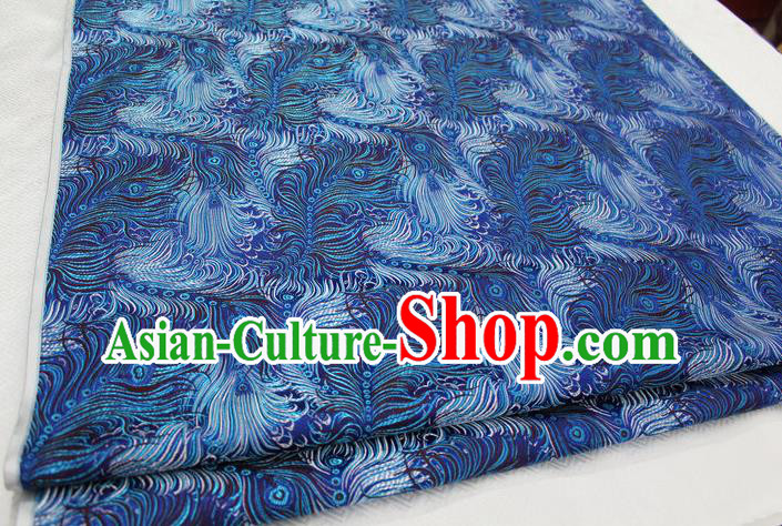 Chinese Traditional Ancient Costume Palace Feather Pattern Tang Suit Blue Brocade Cheongsam Satin Fabric Hanfu Material