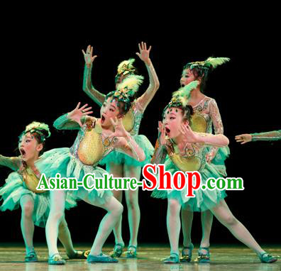 Traditional Chinese Yangge Fan Classic Dance Costume, Folk Dance Drum Dance Uniform Yangko Green Clothing for Kids