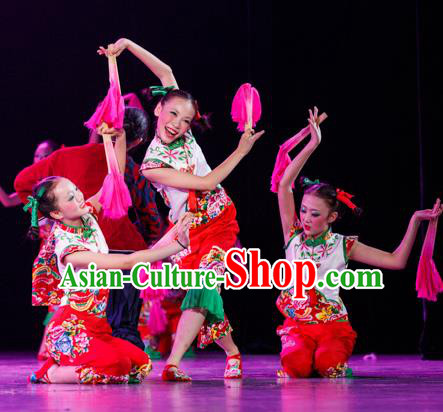Traditional Chinese Yangge Fan Dance Costume, Folk Dance Drum Dance Uniform Yangko Clothing for Kids