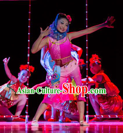 Traditional Chinese Yangge Fan Dance Costume, Folk Dance Drum Dance Rosy Uniform Yangko Clothing for Kids