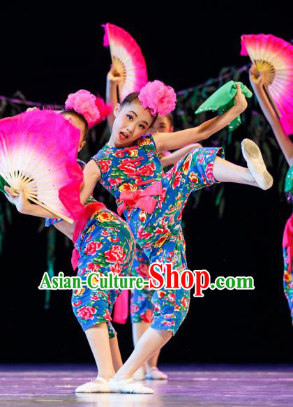 Traditional Chinese Yangge Fan Dance Costume, Folk Dance Drum Dance Uniform Yangko Clothing for Kids