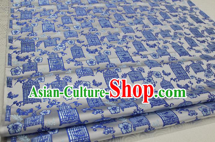 Chinese Traditional Ancient Costume Palace Blue Pattern Kimono Cheongsam White Brocade Tang Suit Satin Fabric Hanfu Material