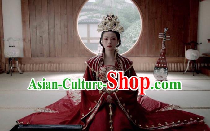 Traditional Ancient Chinese Tang Dynasty Imperial Concubine Wedding Embroidered Tailing Red Dress Costume and Headpiece Complete Set for Women