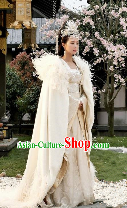 Traditional Ancient Chinese Tang Dynasty Palace Princess Embroidered Tailing Dress Costume and Headpiece Complete Set for Women