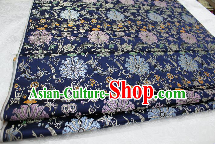 Chinese Traditional Clothing Palace Pattern Cheongsam Navy Brocade Ancient Costume Mongolian Robe Satin Fabric Hanfu Material