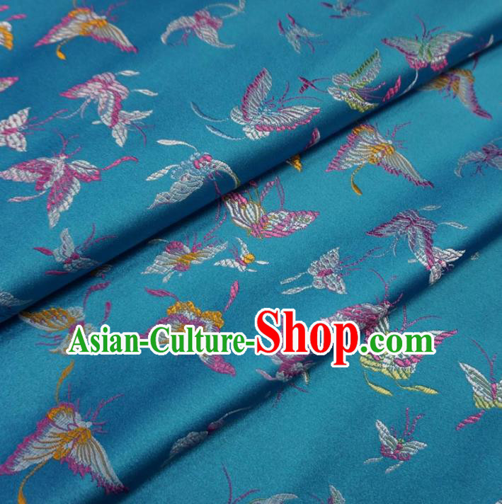 Chinese Traditional Royal Palace Butterfly Pattern Design Blue Brocade Fabric Ancient Costume Tang Suit Cheongsam Hanfu Material
