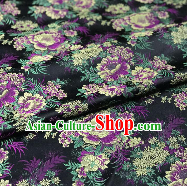 Chinese Traditional Palace Flowers Pattern Hanfu Black Brocade Fabric Ancient Costume Tang Suit Cheongsam Material
