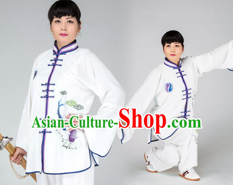 Traditional Chinese Kung Fu Printing Fish Costume, China Martial Arts Uniform Tai Ji Tang Suit Plated Buttons Clothing for Women