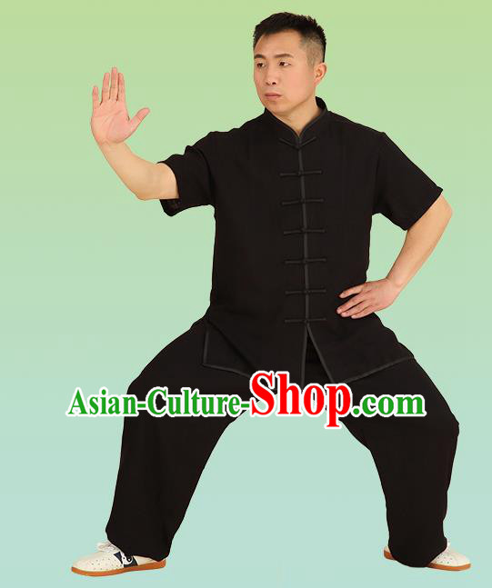 Chinese Linen Kung Fu Short Sleeve Black Costume, China Traditional Martial Arts Kung Fu Tai Ji Plated Buttons Uniform for Men