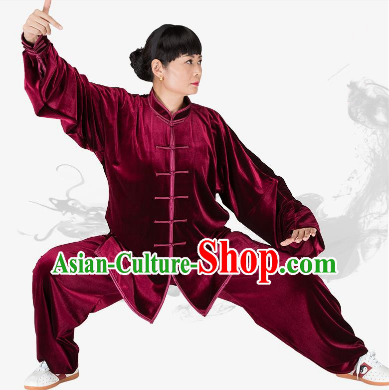 Chinese Kung Fu Wine Red Velvet Costume, China Traditional Martial Arts Kung Fu Tai Ji Uniform for Women for Men