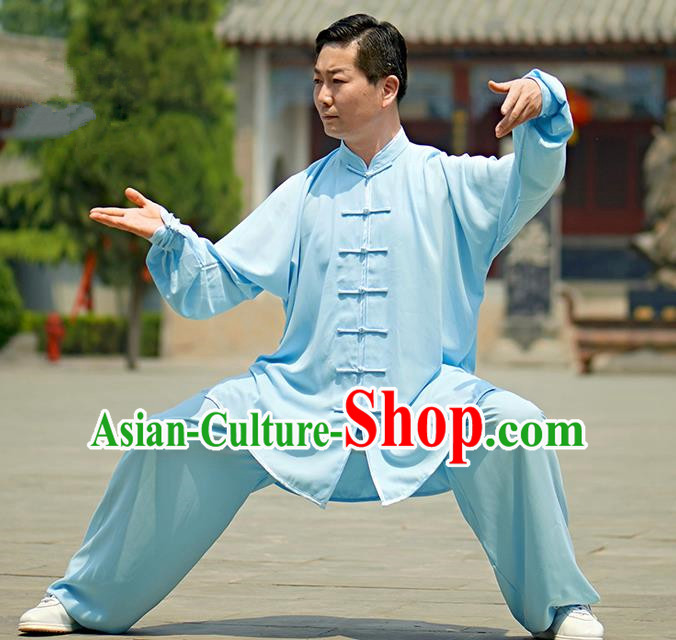 Chinese Kung Fu Plated Buttons Costume, Traditional Martial Arts Kung Fu Tai Ji Blue Uniform for Women for Men