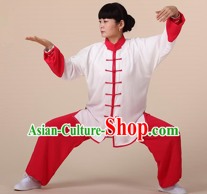 Chinese Kung Fu Red Plated Buttons Costume, Traditional Martial Arts Kung Fu Tai Ji Uniform for Women for Men