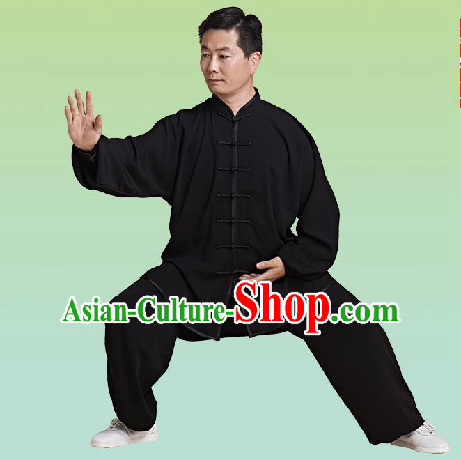 Top Grade Chinese Linen Kung Fu Costume, China Traditional Martial Arts Kung Fu Training Black Uniform Wushu Clothing for Adult