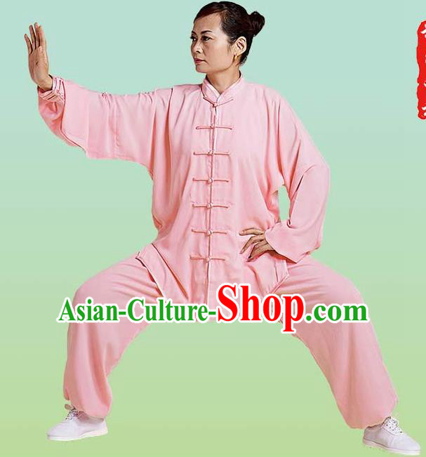 Top Grade Chinese Linen Kung Fu Costume, China Traditional Martial Arts Kung Fu Training Pink Uniform Wushu Clothing for Adult