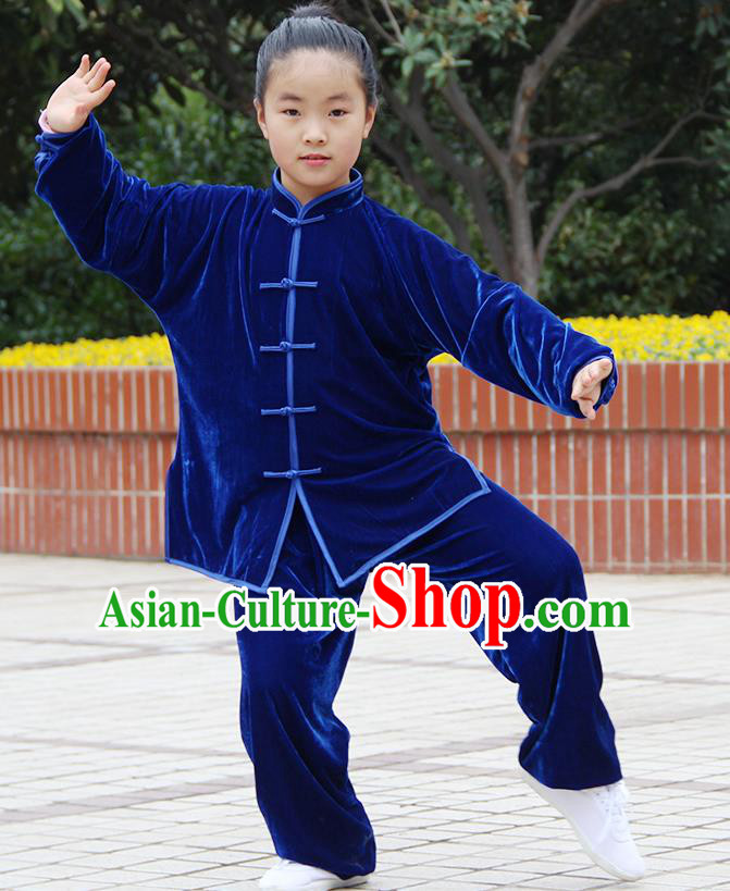 Traditional Chinese Kung Fu Blue Velvet Costume, China Martial Arts Tai Ji Uniform Clothing for Kids