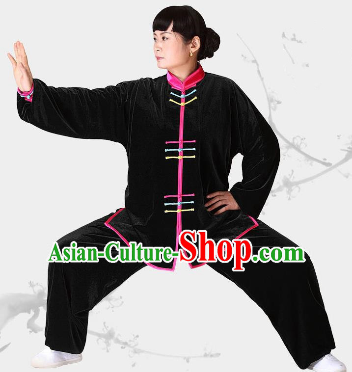 Traditional Chinese Kung Fu Black Velvet Costume, China Martial Arts Tai Ji Clothing for Women